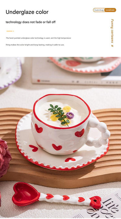 Hand-Painted Ceramic Coffee Mug and Saucer Set - Whimsical Afternoon Tea Cup with Spoon(Black-edged bow) V888-ELOSUNG25559