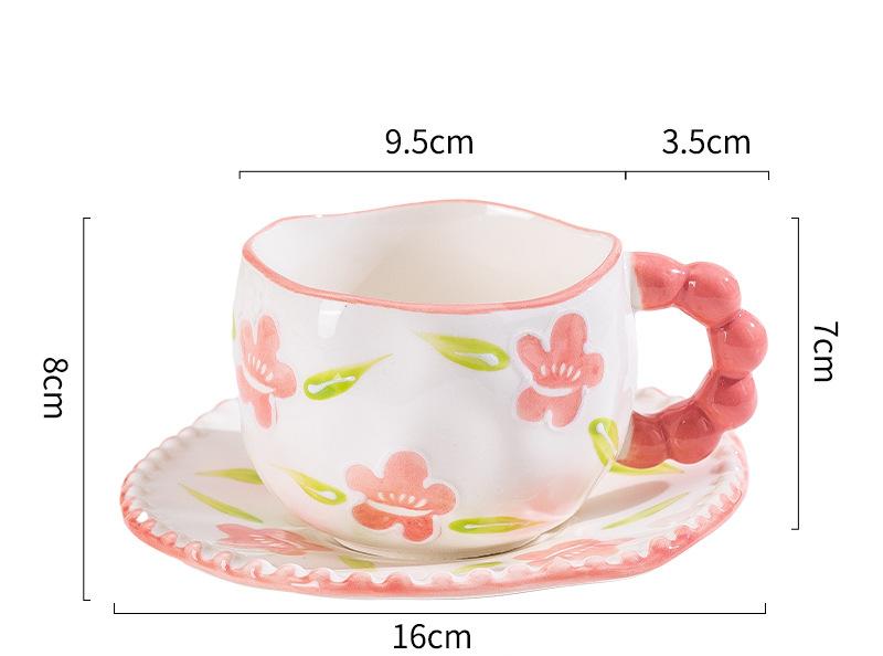 Hand-Painted Ceramic Coffee Mug and Saucer Set - Whimsical Afternoon Tea Cup with Spoon(Smiley pink flower) V888-ELOSUNG25560