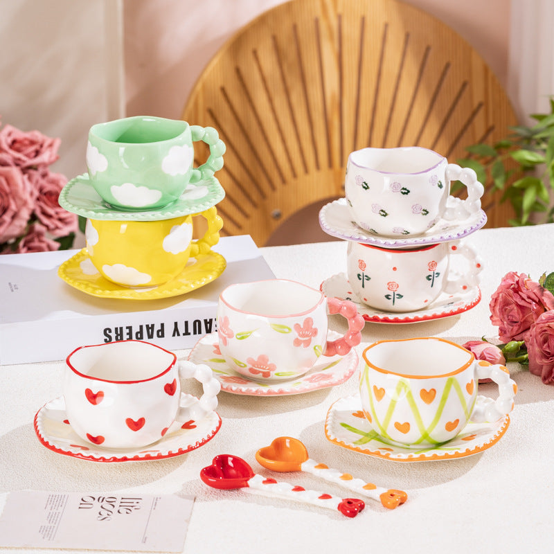 Hand-Painted Ceramic Coffee Mug and Saucer Set - Whimsical Afternoon Tea Cup with Spoon(Smiley pink flower) V888-ELOSUNG25560