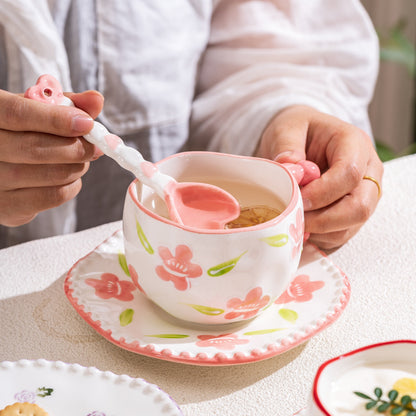 Hand-Painted Ceramic Coffee Mug and Saucer Set - Whimsical Afternoon Tea Cup with Spoon(Smiley pink flower) V888-ELOSUNG25560