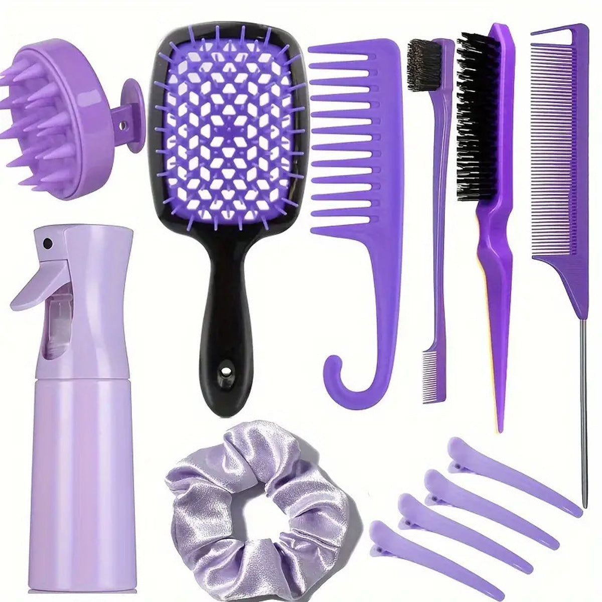 Complete Hair Styling Kit with Detangling Brushes, Combs, Spray Bottle, and Accessories(Purple) V888-ELOSUNG25627