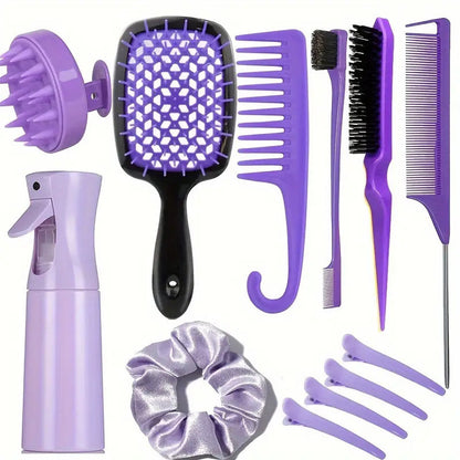 Complete Hair Styling Kit with Detangling Brushes, Combs, Spray Bottle, and Accessories(Purple) V888-ELOSUNG25627
