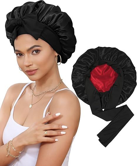 Luxury Double-Sided Satin Bonnet with Elastic Band(Black + bright red lining) V888-ELOSUNG25637