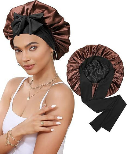 Luxury Double-Sided Satin Bonnet with Elastic Band(Black + brown lining) V888-ELOSUNG25640