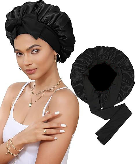 Luxury Double-Sided Satin Bonnet with Elastic Band(Black + black lining) V888-ELOSUNG25641