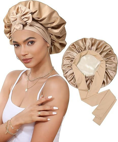 Luxury Double-Sided Satin Bonnet with Elastic Band(Khaki + beige lining) V888-ELOSUNG25643
