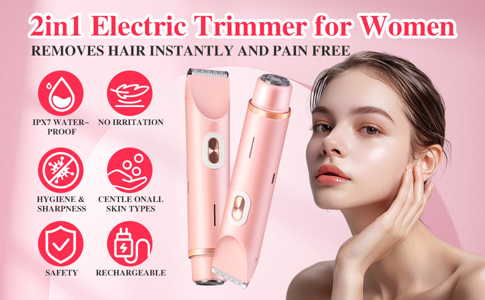 2-in-1 Ladies Electric Shaver & Trimmer - IPX7 Waterproof, USB-C Rechargeable, Dual Head Design(Blue) V888-ELOSUNG25681