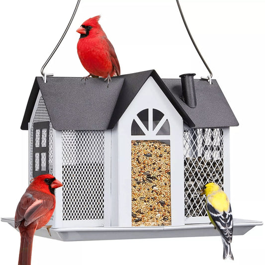 Charming House-Shaped Hanging Bird Feeder - Durable Metal Design for Wild Birds(white) V888-ELOSUNG25684