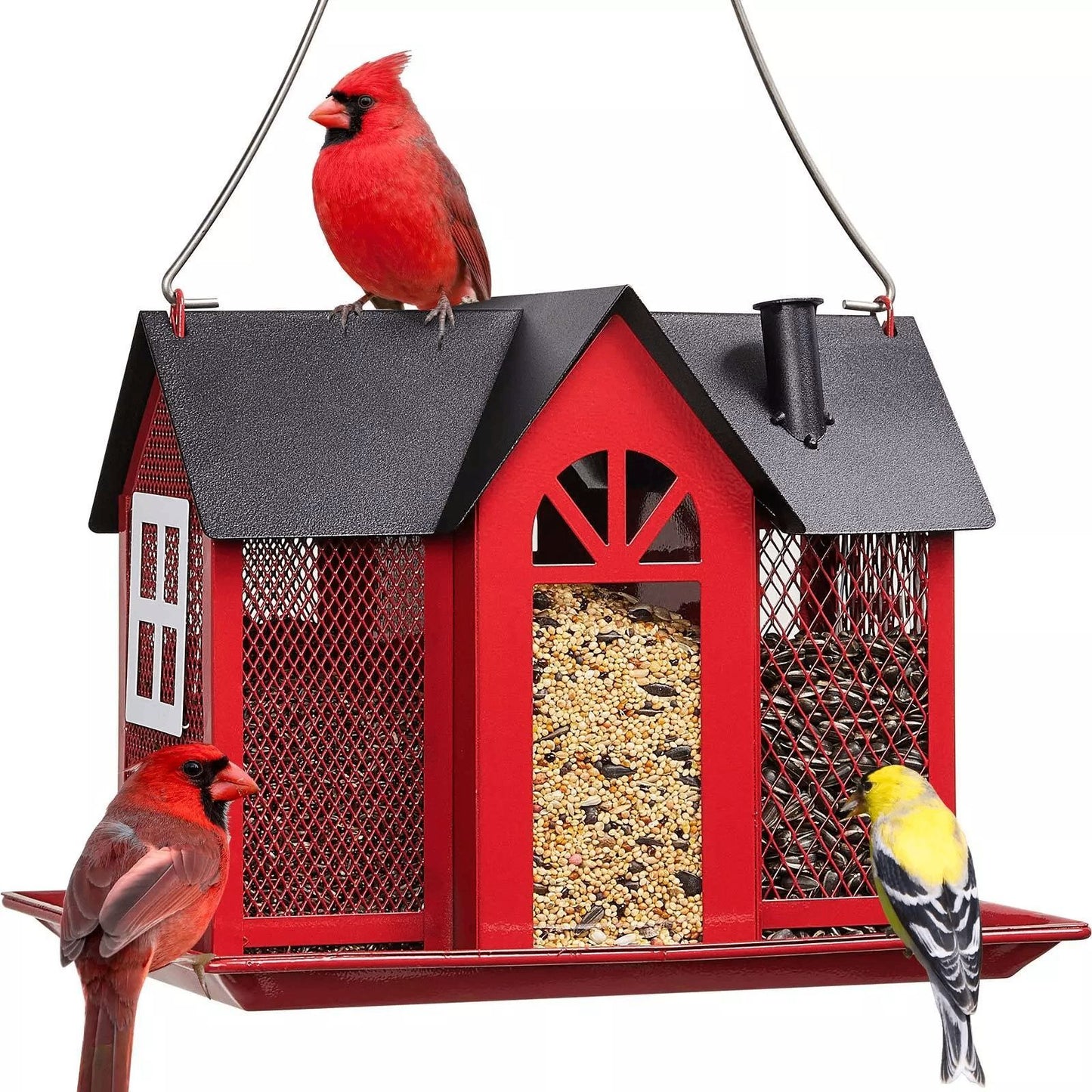 Charming House-Shaped Hanging Bird Feeder - Durable Metal Design for Wild Birds(red) V888-ELOSUNG25685