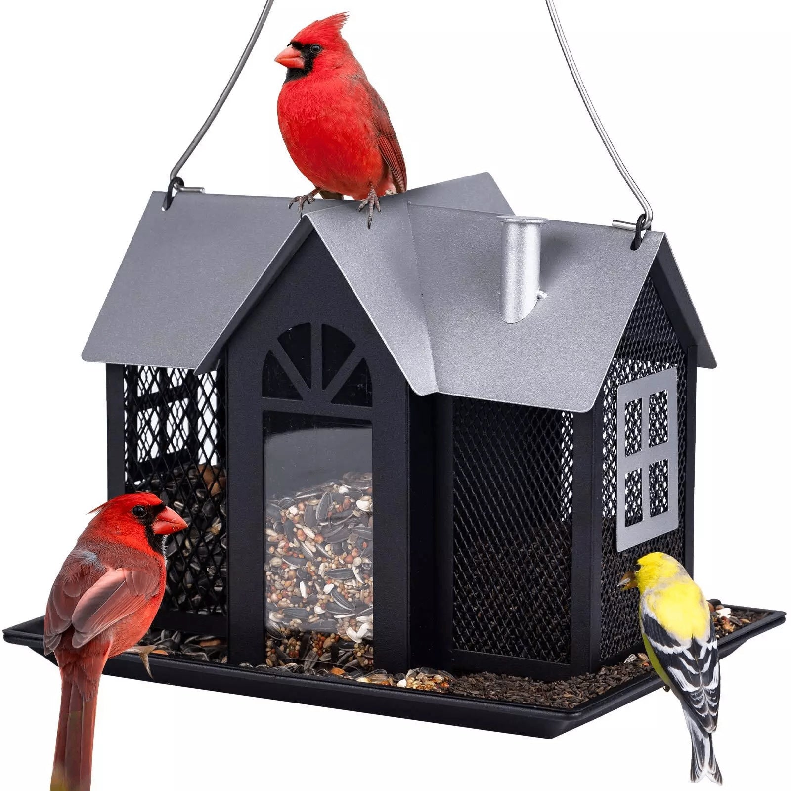 Charming House-Shaped Hanging Bird Feeder - Durable Metal Design for Wild Birds(black) V888-ELOSUNG25686