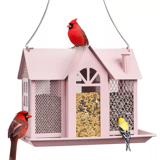 Charming House-Shaped Hanging Bird Feeder - Durable Metal Design for Wild Birds(pink) V888-ELOSUNG25689