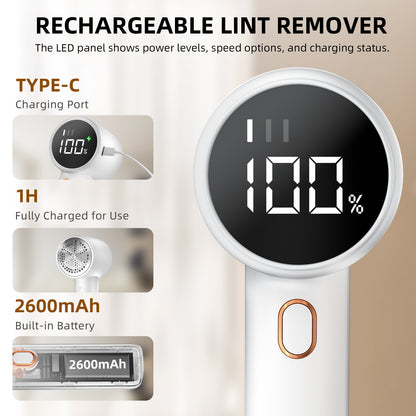 Rechargeable Electric Lint Remover with LED Display - 3 Speed Levels, USB-C Charging, 2600mAh Battery(white) V888-ELOSUNG25695