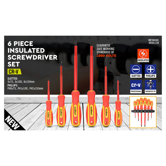 6-Piece Insulated Screwdriver Set - 1000V Rated, CR-V Steel with Magnetic Tips & Wall Rack V888-ELOSUNG25737