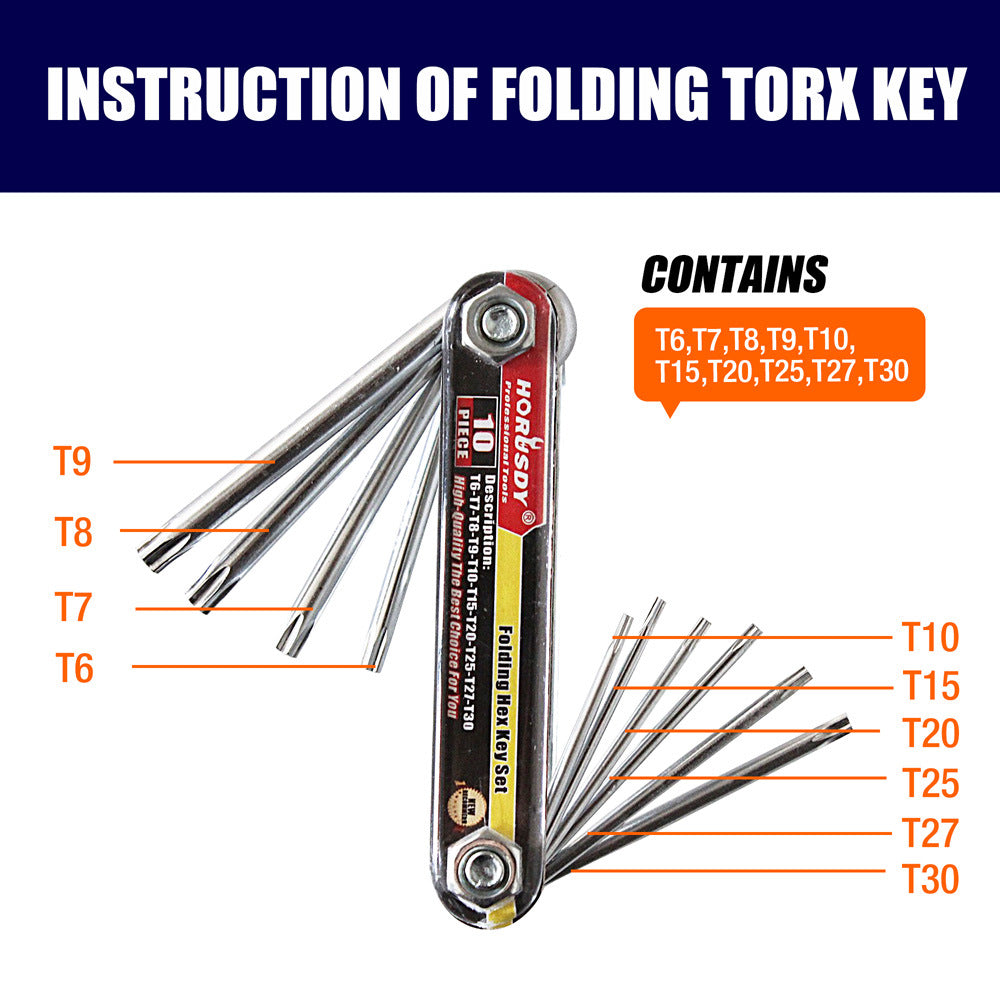 10-Piece Folding Torx Key Wrench Set - T6-T30 Star Keys, Portable Multi-Tool(silver) V888-ELOSUNG25738