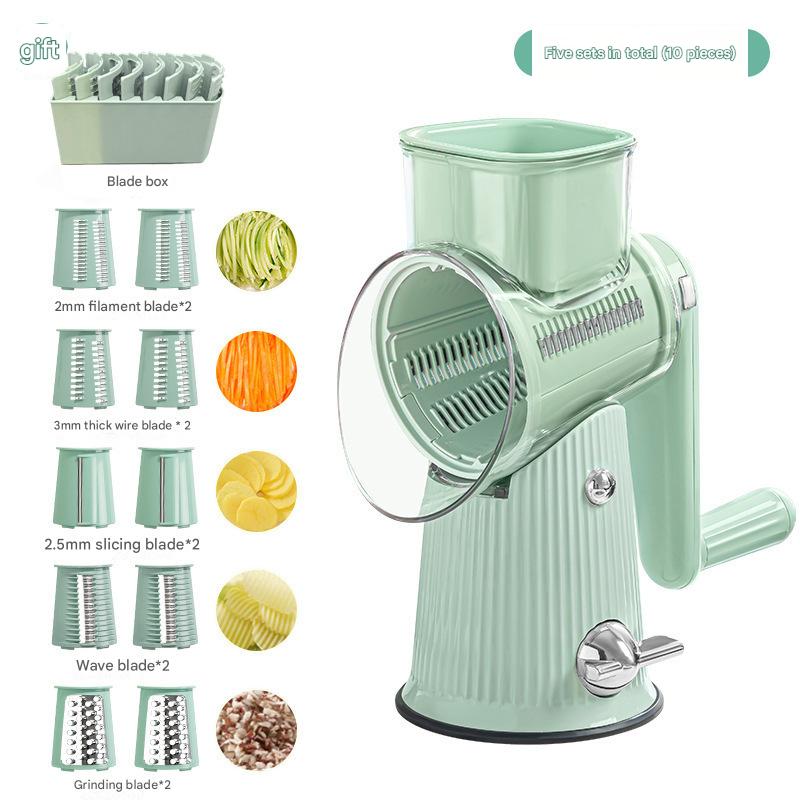 Multi-Function Rotary Vegetable Slicer & Grater - 5 Blade Types (10 Pcs Total) with Storage Box-green V888-ELOSUNG25746