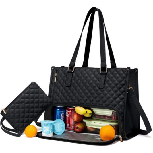Stylish Quilted Laptop & Lunch Tote Bag , Water-Resistant with Insulated Compartment & Clutch(black) V888-ELOSUNG25752