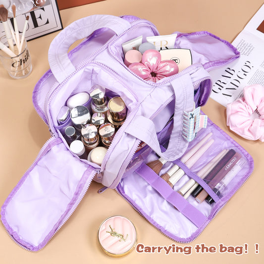 Portable Multi-Compartment Travel Toiletry & Makeup Organizer Bag with Brush Holders(Light purple) V888-ELOSUNG25776