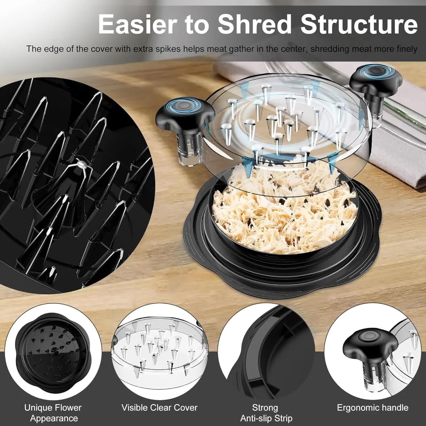 Upgraded Meat Shredder Tool - Rotating Chicken & Pork Puller with Anti-Slip Base & Ergonomic Grips(black) V888-ELOSUNG25778