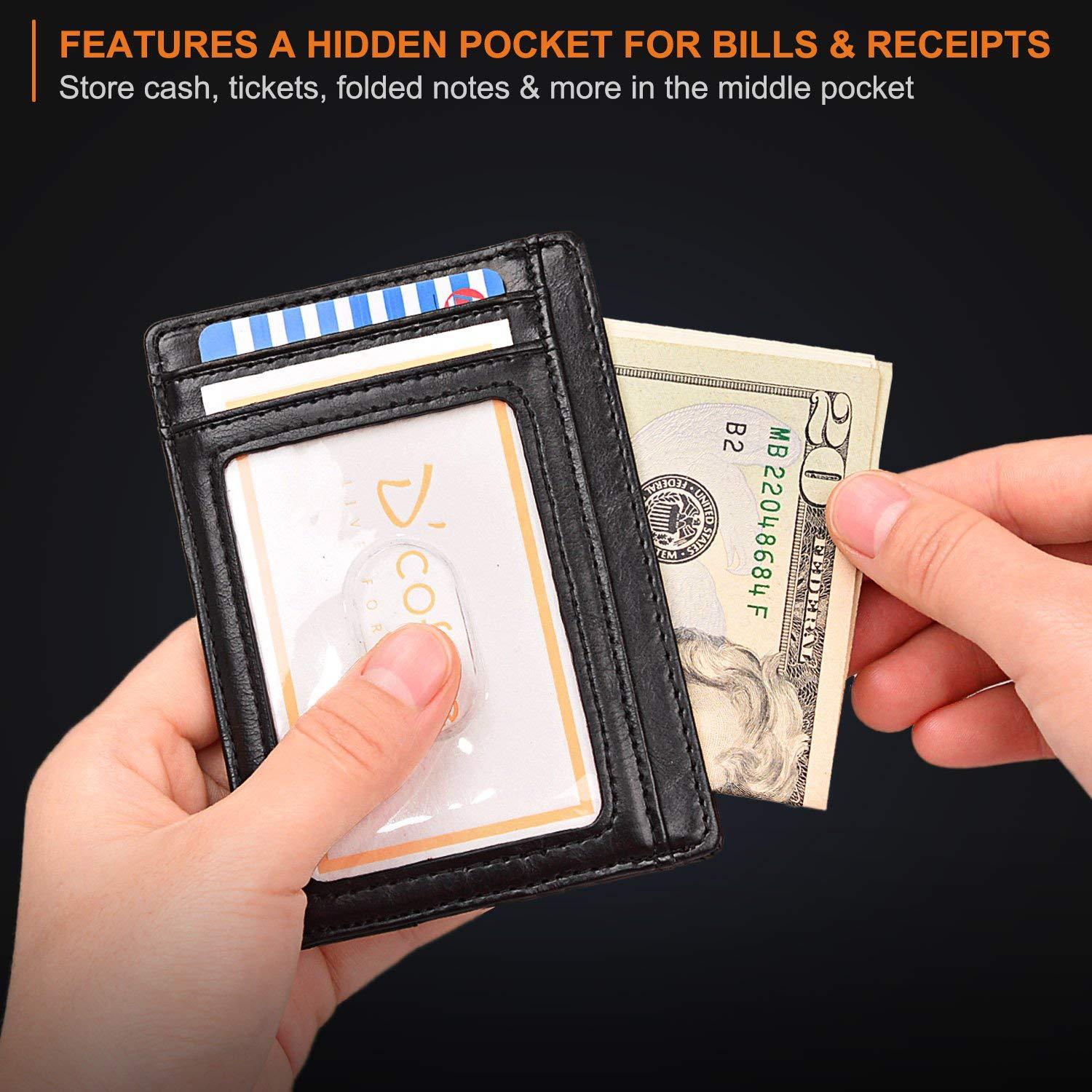Slim Minimalist Leather Wallet with ID Window & RFID Blocking - Holds 12 Cards & Cash(Dark gray) V888-ELOSUNG25785