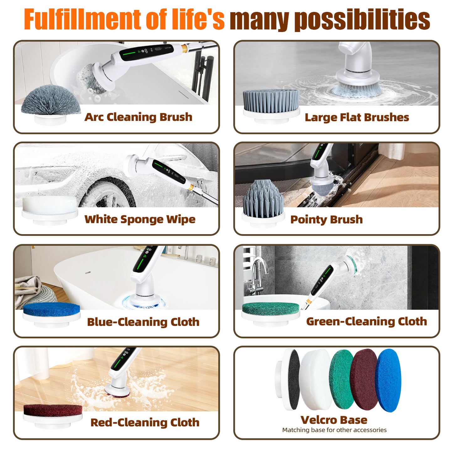Electric Spin Scrubber with Adjustable Extension Handle & 8 Brush Heads - Smart LED Display V888-ELOSUNG25802