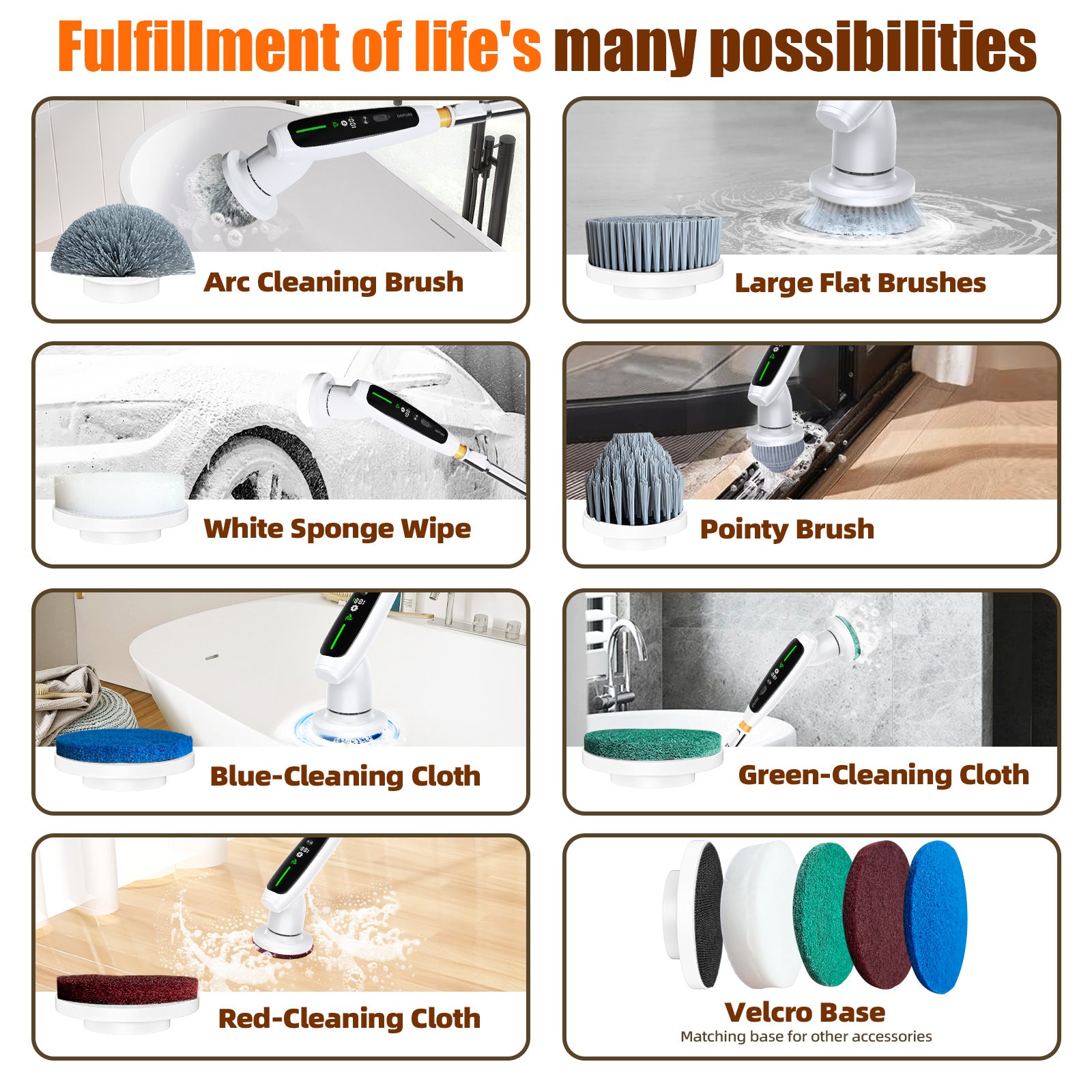 Electric Spin Scrubber with Adjustable Extension Handle & 8 Brush Heads - Smart LED Display V888-ELOSUNG25802