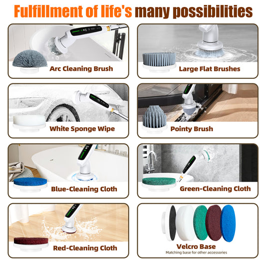 Electric Spin Scrubber with Adjustable Extension Handle & 8 Brush Heads - Smart LED Display V888-ELOSUNG25802