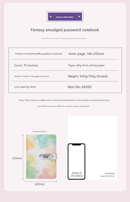 A5 Tie-Dye Journal with Combination Lock - 240 Pages, Soft Touch Cover Diary(Colorful) V888-ELOSUNG25806