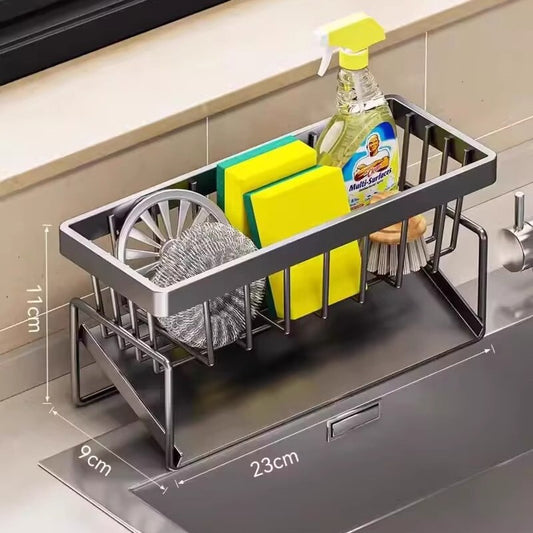 Kitchen Sink Caddy Organizer with Towel Bar & Drain Tray - Durable Metal Sponge Holder(grey) V888-ELOSUNG25819