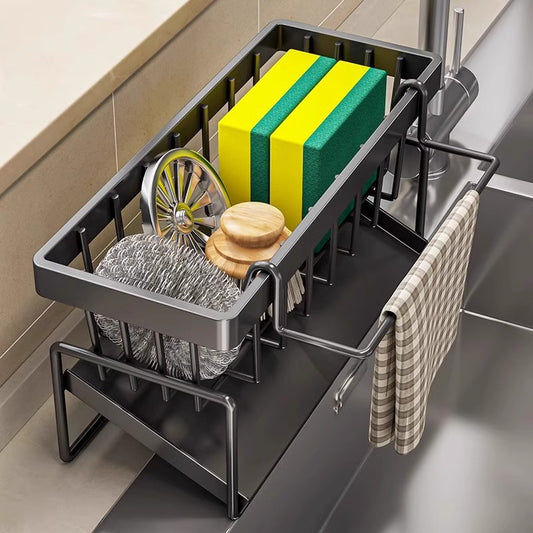 Kitchen Sink Caddy Organizer with Towel Bar & Drain Tray - Durable Metal Sponge Holder(grey) V888-ELOSUNG25819