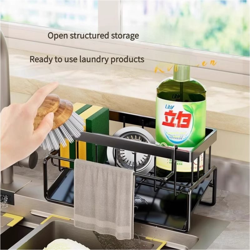 Kitchen Sink Caddy Organizer with Towel Bar & Drain Tray - Durable Metal Sponge Holder(grey) V888-ELOSUNG25819