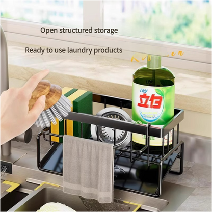 Kitchen Sink Caddy Organizer with Towel Bar & Drain Tray - Durable Metal Sponge Holder(Black) V888-ELOSUNG25820