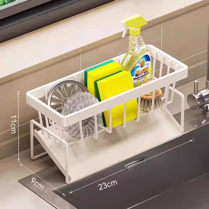 Kitchen Sink Caddy Organizer with Towel Bar & Drain Tray - Durable Metal Sponge Holder(White) V888-ELOSUNG25821