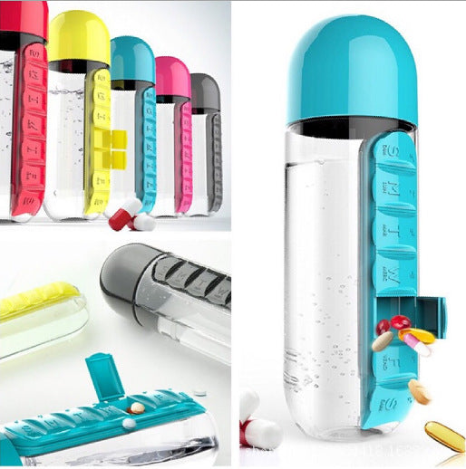 2pc 2-in-1 Water Bottle with 7-Day Pill Organizer - 600ml BPA-Free, Portable & Leakproof(Rose) V888-ELOSUNG25825