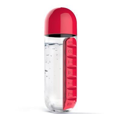 2pc 2-in-1 Water Bottle with 7-Day Pill Organizer - 600ml BPA-Free, Portable & Leakproof(Red) V888-ELOSUNG25826