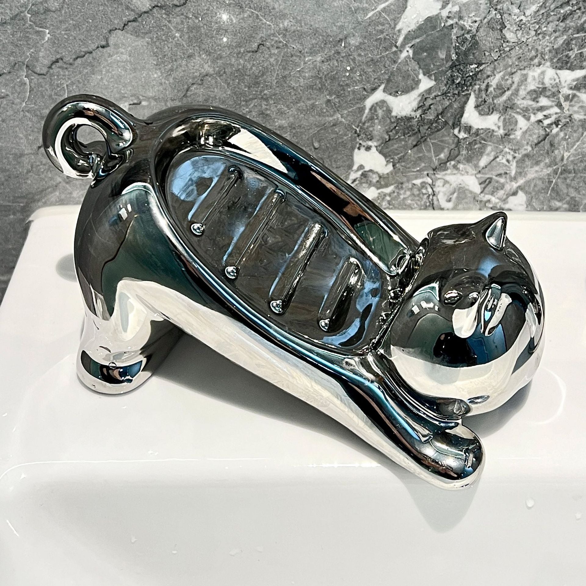 Charming Cat-Shaped Ceramic Soap Dish - Creative & Versatile Home Decor Accent(Silver) V888-ELOSUNG25837