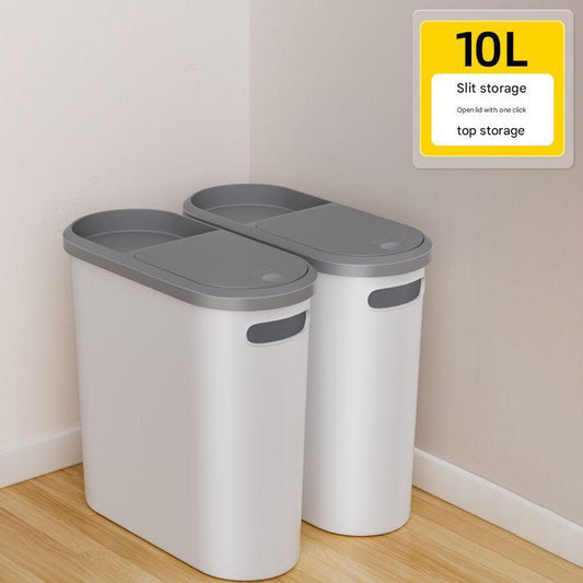 Slim Press-Top Trash Can with Top Storage Compartment - Narrow Design for Bathroom & Small Spaces(White cover V888-ELOSUNG25839