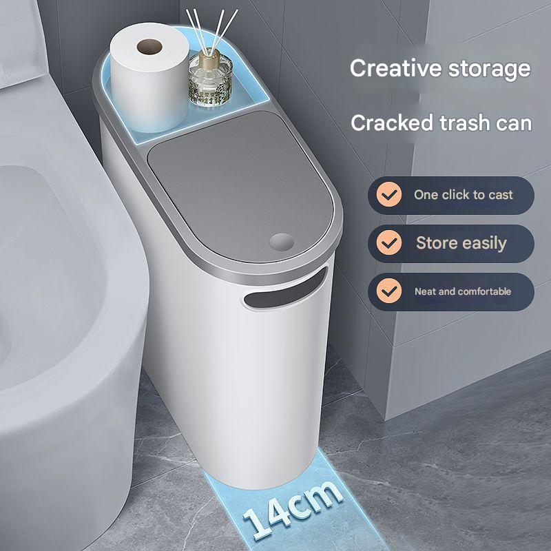 Slim Press-Top Trash Can with Top Storage Compartment - Narrow Design for Bathroom & Small Spaces(Ash cover + V888-ELOSUNG25840