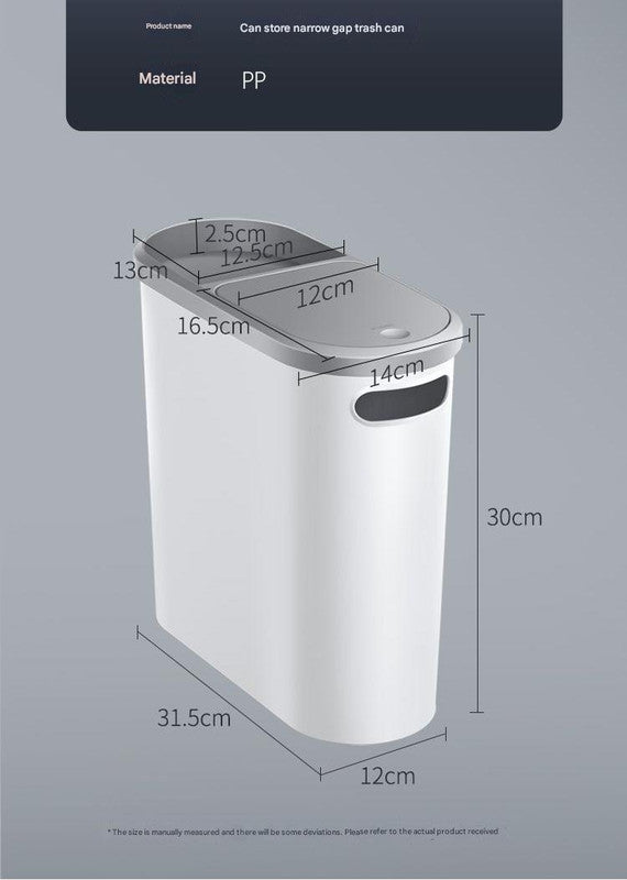 Slim Press-Top Trash Can with Top Storage Compartment - Narrow Design for Bathroom & Small Spaces(Ash cover + V888-ELOSUNG25840