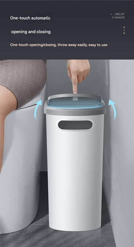 Slim Press-Top Trash Can with Top Storage Compartment - Narrow Design for Bathroom & Small Spaces(Ash cover + V888-ELOSUNG25840
