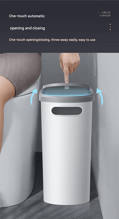 Slim Press-Top Trash Can with Top Storage Compartment - Narrow Design for Bathroom & Small Spaces(Ash cover + V888-ELOSUNG25840