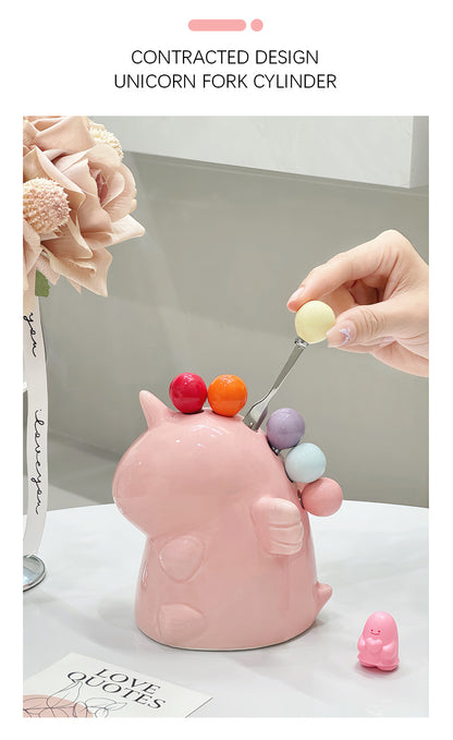 Adorable Unicorn Ceramic Fruit Fork Holder Set - Includes Stainless Steel Forks with Ball Tops(yellow) V888-ELOSUNG25843
