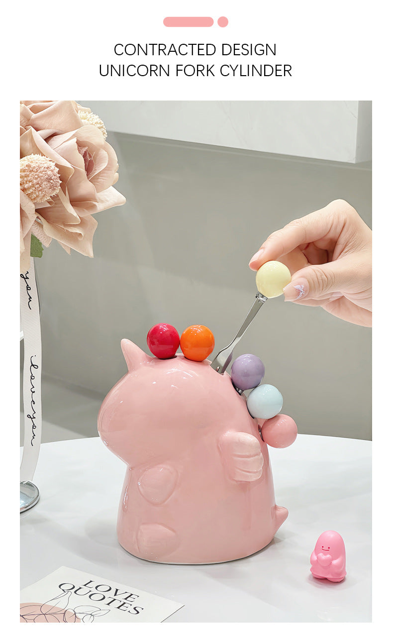 Adorable Unicorn Ceramic Fruit Fork Holder Set - Includes Stainless Steel Forks with Ball Tops(green) V888-ELOSUNG25844