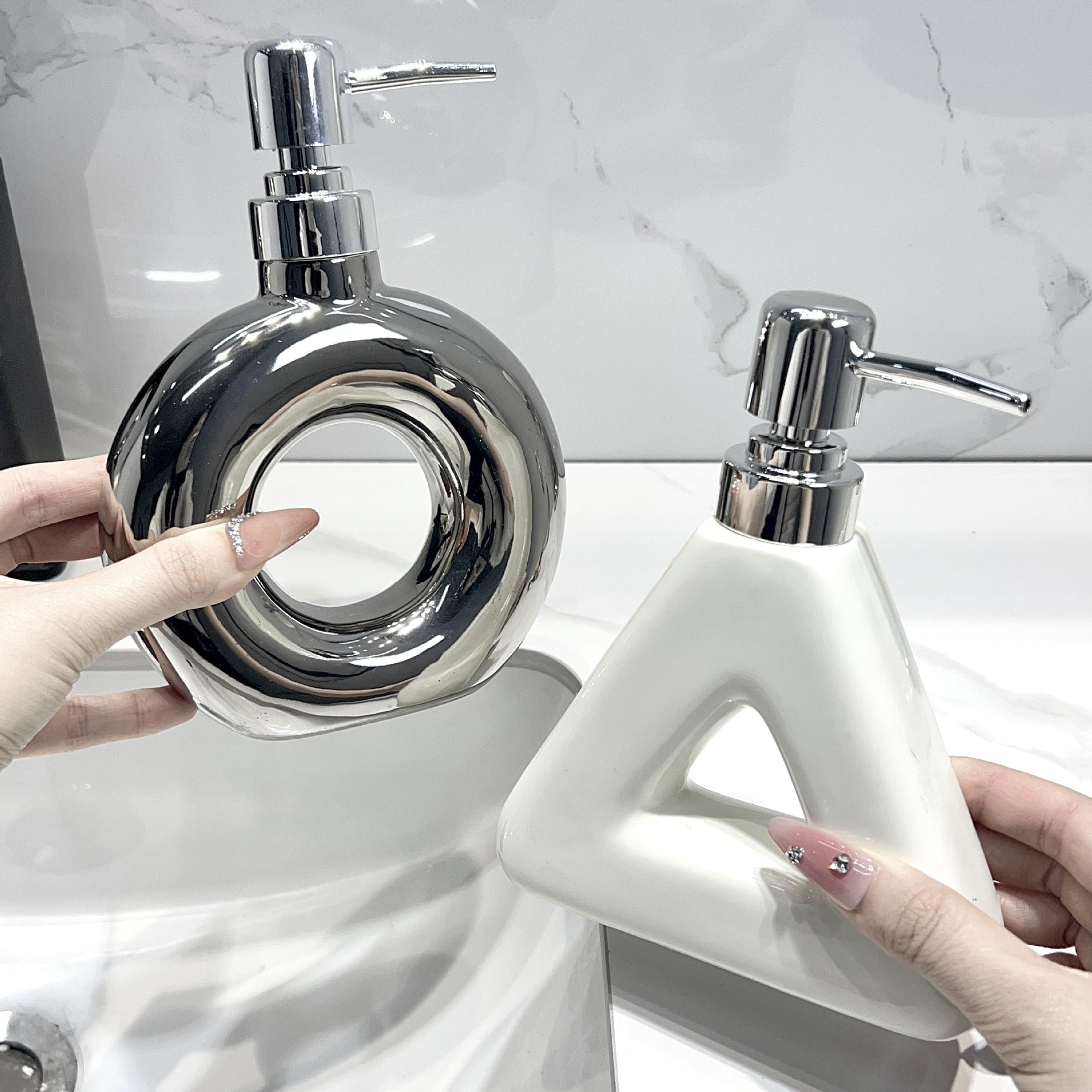 Modern Ceramic Soap & Lotion Dispenser - Unique Geometric Designs, 300ml Capacity(Triangular lotion bottle, V888-ELOSUNG25847