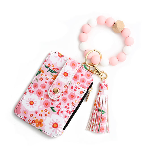 Floral Slim Card Holder Wallet with Beaded Keychain Bracelet & Tassel - 4 Card Slots, ID Window(Light pink) V888-ELOSUNG25906