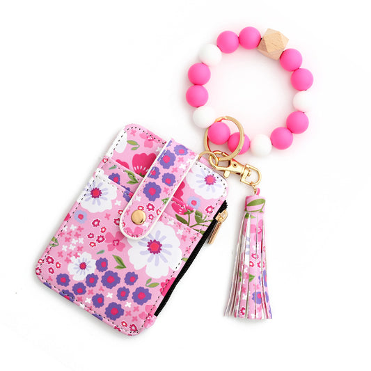 Floral Slim Card Holder Wallet with Beaded Keychain Bracelet & Tassel - 4 Card Slots, ID Window(Rose red) V888-ELOSUNG25907