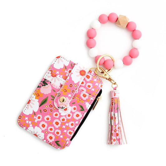 Floral Slim Card Holder Wallet with Beaded Keychain Bracelet & Tassel - 4 Card Slots, ID Window(Dark Pink) V888-ELOSUNG25908