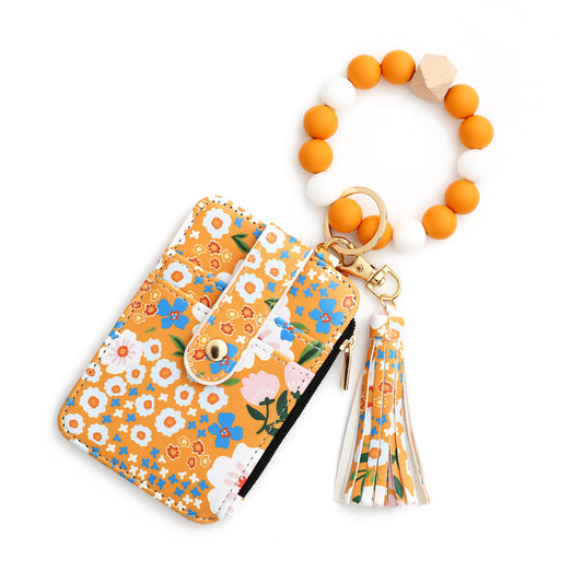Floral Slim Card Holder Wallet with Beaded Keychain Bracelet & Tassel - 4 Card Slots, ID Window(Yellow) V888-ELOSUNG25909