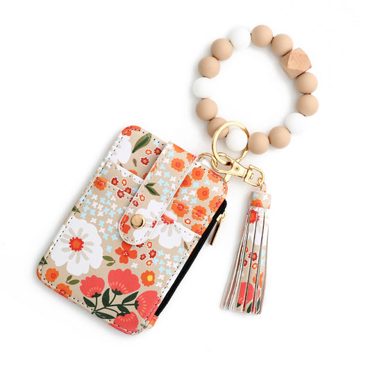 Floral Slim Card Holder Wallet with Beaded Keychain Bracelet & Tassel - 4 Card Slots, ID Window(Khaki) V888-ELOSUNG25910