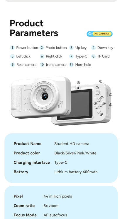 Student HD Digital Camera - 44MP, 8x Zoom, Autofocus, Dual Lens, Type-C Charging (white) V888-ELOSUNG25915