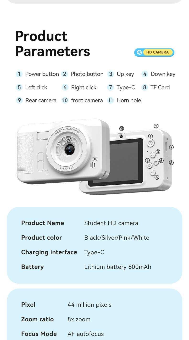 Student HD Digital Camera - 44MP, 8x Zoom, Autofocus, Dual Lens, Type-C Charging (Pink) V888-ELOSUNG25916